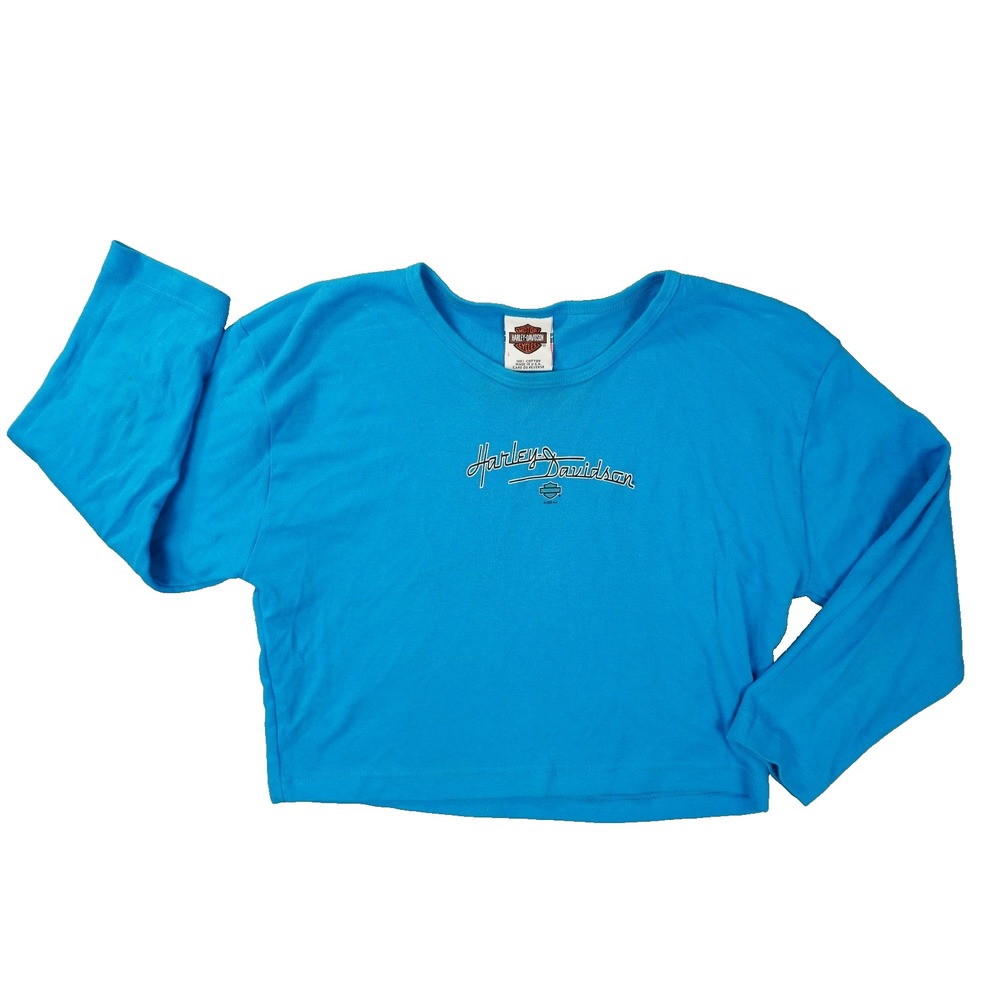 Harley Davidson Cropped T Shirt Womens Large Vintage Y2K Myrtle Beach Blue Biker
